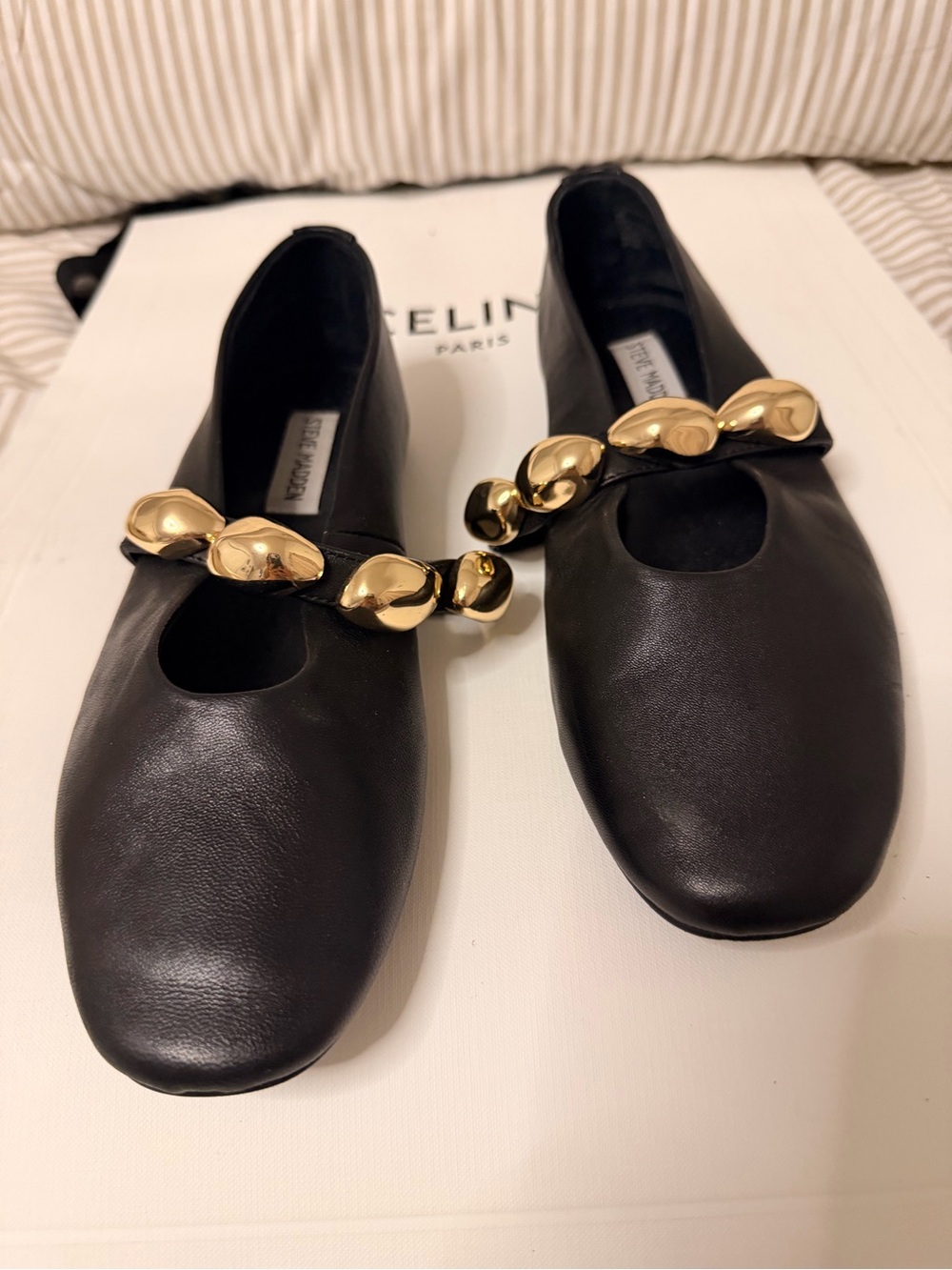 Steve Madden Black Leather Mary Jane Flats with Gold Orb Strap
